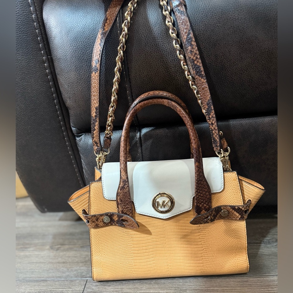 Michael Kors Carmen Small Flap Satchel Cider Multi Embossed Leather Bag - Picture 14 of 16